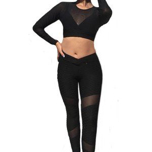 D'YUKI Sport Booty Scrunch Leggings Crop Top Long Sleeve Mesh Padded Blk L/XL